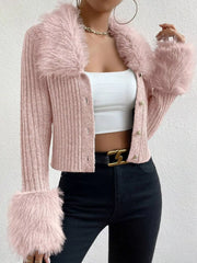 Faux Fur Trim Rib-Knit Cropped Cardigan