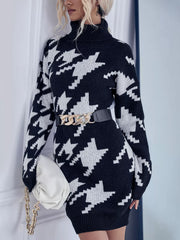 Houndstooth Pattern Turtleneck Sweater Dress