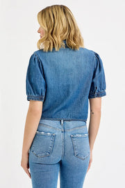 RISEN Button-Down Puff Sleeve Crop Denim Shirt