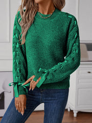 Ribbon-Tie Sleeve Round-Neck Sweater