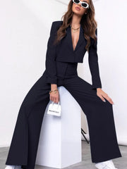 Lapel Collar Cropped Top and Wide-Leg Pants Set
