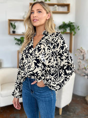 Printed Ruffle Trim Balloon Sleeve Shirt - Plus Size