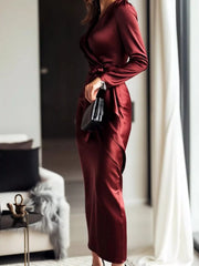 Satin Wrap Long-Sleeve Midi Dress
