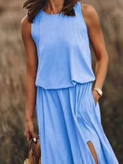 Round-Neck Sleeveless Slit Maxi Dress - Plus Size