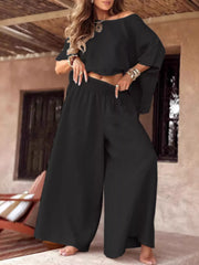 Boat-Neck Top and Wide-Leg Pants Set - Plus Size