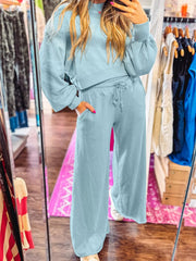 Drop-Shoulder Puff Sleeve Crop Top and Drawstring Wide-Leg Pants Set