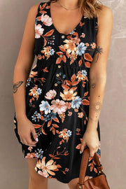 Double Take Printed Sleeveless Front Button Ruched Waist Side Slit Casual Magic Dress with Pockets