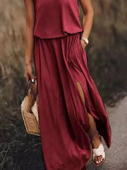 Round-Neck Sleeveless Slit Maxi Dress - Plus Size