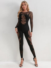 Fishing Net Sheer Long-Sleeve Jumpsuit
