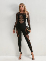 Fishing Net Sheer Long-Sleeve Jumpsuit