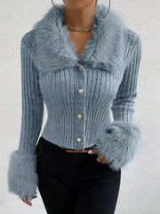 Faux Fur Trim Rib-Knit Cropped Cardigan