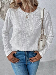 Eyelet Round-Neck Long-Sleeve Blouse - Plus Size