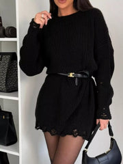 Distressed Round-Neck Drop-Shoulder Sweater Dress