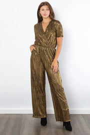 Be Stage Surplice Short-Sleeve Pleated Foil Jumpsuit