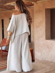 Boat-Neck Top and Wide-Leg Pants Set - Plus Size