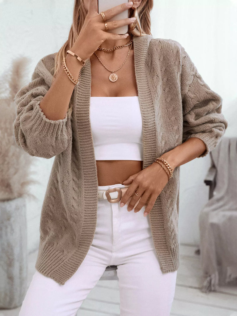 Cable Knit Open-Front Hooded Cardigan