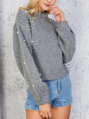 Pearl-Embellished Mock-Neck Sweater