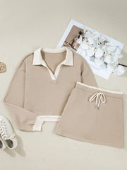 Contrast Collared Neck Top and Drawstring Mini Skirt Set