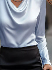 Satin Cowl Neck Long-Sleeve Blouse - Plus Size