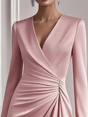 Front Ruched V-Neck Long-Sleeve Dress