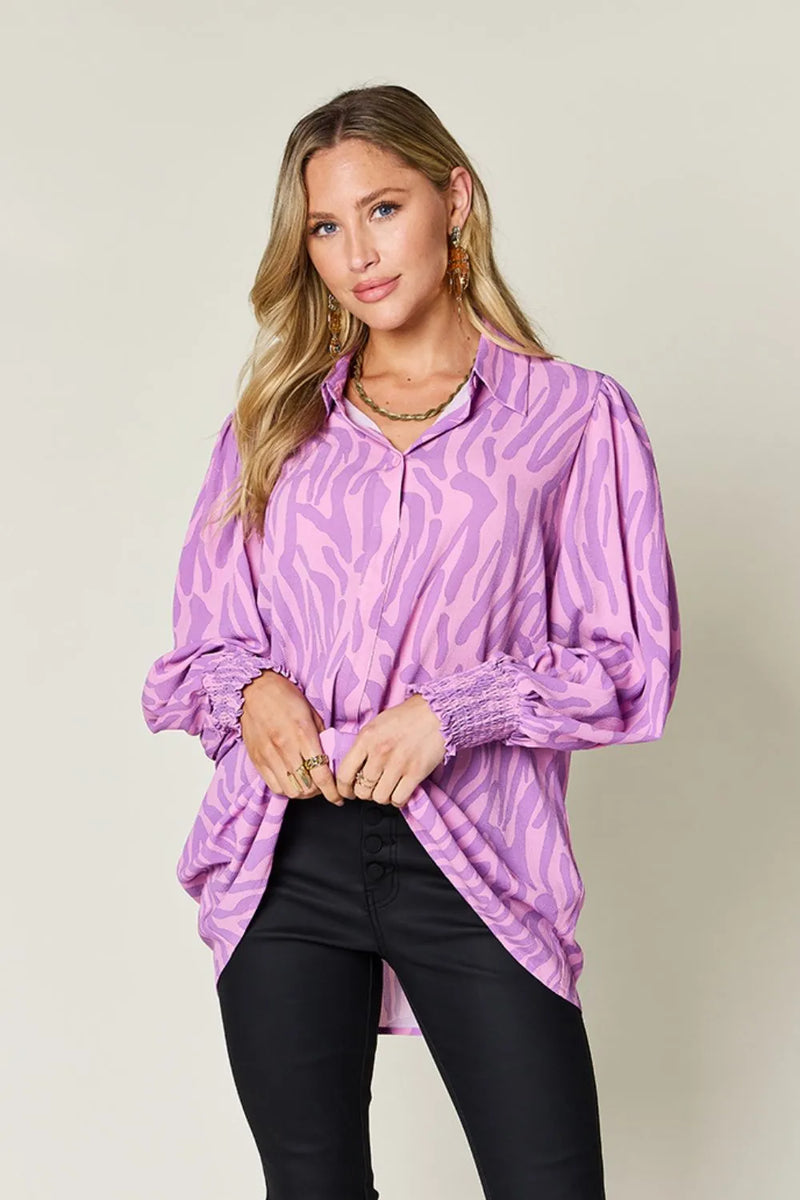 Double Take Full Size Printed Smocked Long Sleeve Blouse Plus Size
