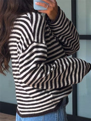 Button Detail Drop-Shoulder Striped Sweater