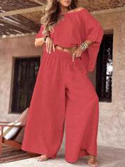 Boat-Neck Top and Wide-Leg Pants Set - Plus Size