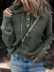 Mineral Wash Rib-Knit Button Drawstring Neck Hooded Sweater