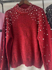 Pearl-Embellished Mock-Neck Sweater