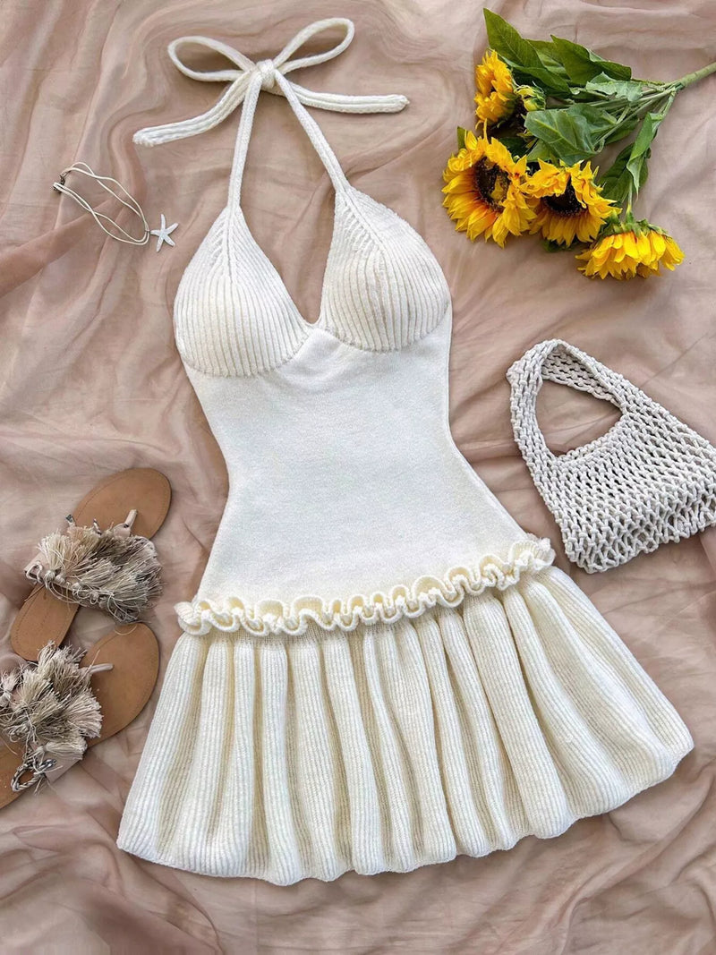 Halter Neck Ruffle Hem Knit Sweater Dress