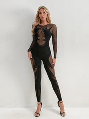 Fishing Net Sheer Long-Sleeve Jumpsuit