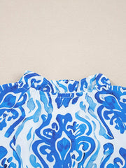 Printed Tie Split Neck Button-Front Puff Sleeve Shirt