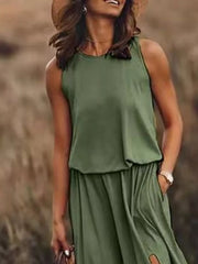 Round-Neck Sleeveless Slit Maxi Dress - Plus Size
