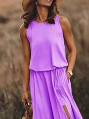 Round-Neck Sleeveless Slit Maxi Dress - Plus Size