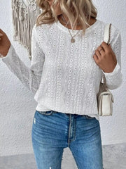 Eyelet Round-Neck Long-Sleeve Blouse - Plus Size