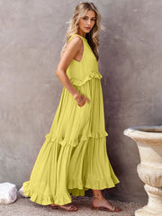 Ruffled Sleeveless Tiered Maxi Dress Pocketed
