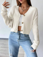 Rib-Knit Button-Up Cropped Cardigan