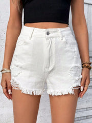 Distressed Raw Hem High-Rise Denim Shorts
