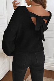 Rib-Knit Ribbon Knot Backless Drop-Shoulder Sweater
