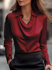 Satin Cowl Neck Long-Sleeve Blouse - Plus Size