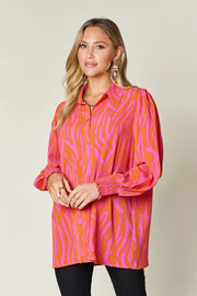 Printed Smocked Long-Sleeve Blouse - Plus Size