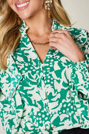 Printed Ruffle Trim Balloon Sleeve Shirt - Plus Size