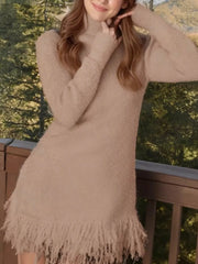 Fringe Turtleneck Long-Sleeve Sweater Dress