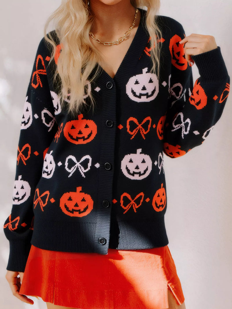 Halloween Pumpkin Pattern Button-Up Cardigan