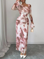Asymmetrical Neck Long-Sleeve Maxi Dress