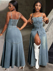 Smocked Button-Front Denim Cami Dress