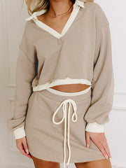 Contrast Collared Neck Top and Drawstring Mini Skirt Set