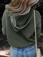 Mineral Wash Rib-Knit Button Drawstring Neck Hooded Sweater