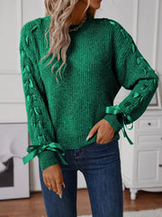 Ribbon-Tie Sleeve Round-Neck Sweater