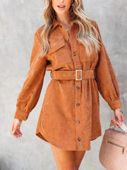 Button-Front Belt Long-Sleeve Corduroy Dress